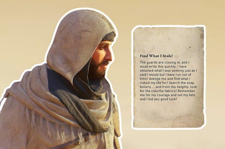 Basim looking at the Find What I Stole Enigma in Assassin's Creed Mirage