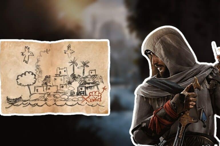 Basim looking at the Left Behind Enigma map