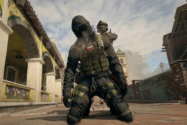 A soldier in a gasmask being shot in the back of the head in Modern Warfare 3