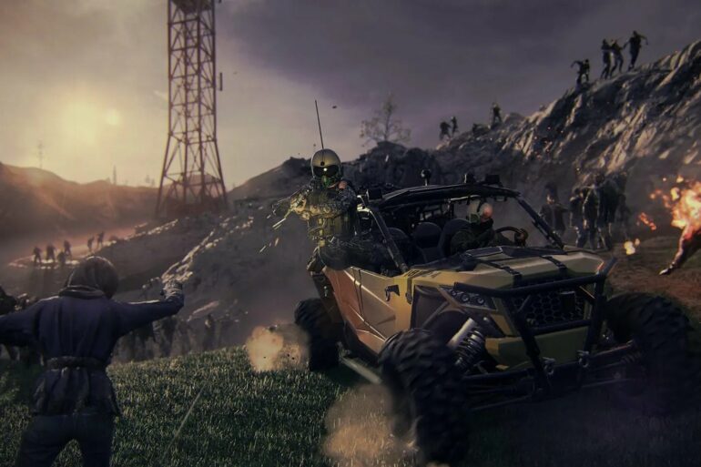 Players in a buggy shooting zombies in MW3 Zombies