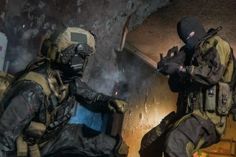 A soldier shooting another one in MW3
