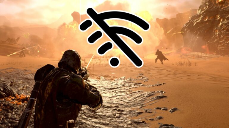 Helldiver aiming at no wifi icon in front of explosion in Helldivers 2
