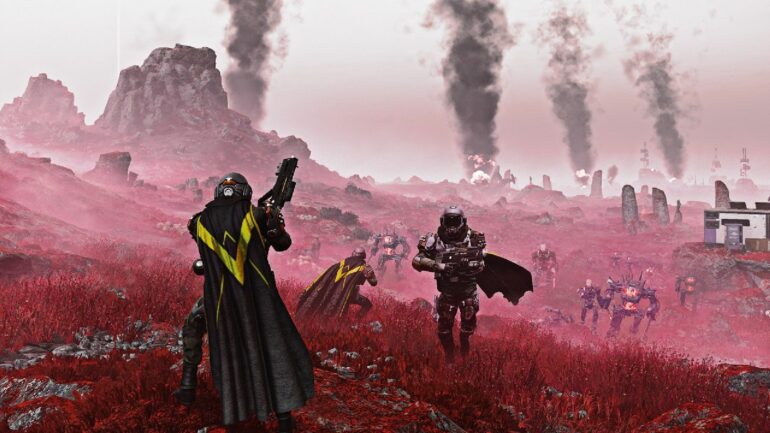Helldivers 2 players shooting automatons
