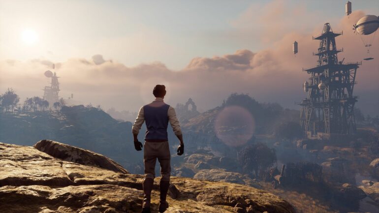 Player overlooking distant lands in Nightingale
