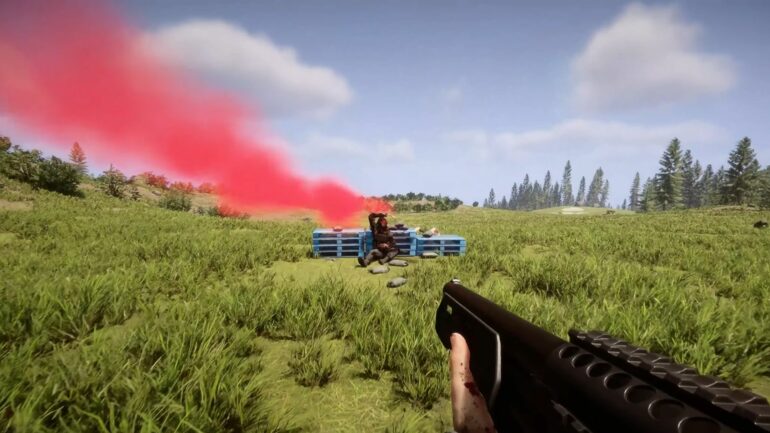 Player encountering an NPC lyin prone next to a flare in Sons of the Forest 1.0