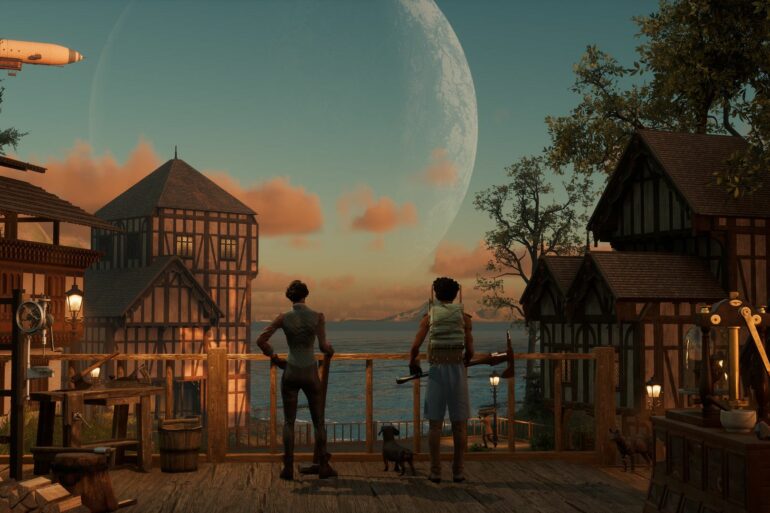 Two players looking out at building and landscape in Nightingale