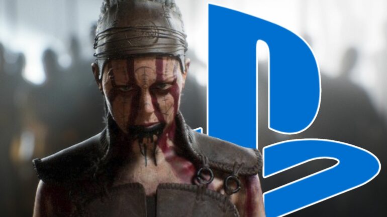 Senua with the playstation logo behind her