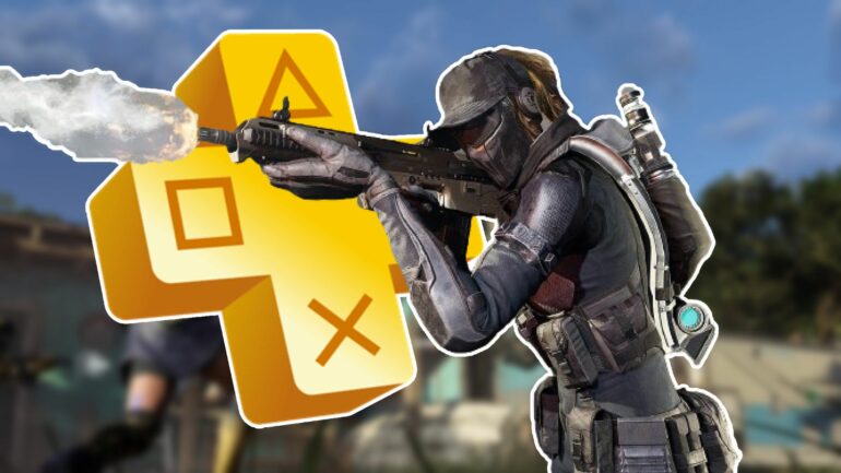Player shooting in XDefiant with ps plus logo behind them