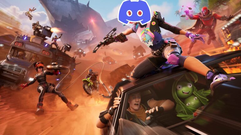 Fortnite discord logo with characters fighting art