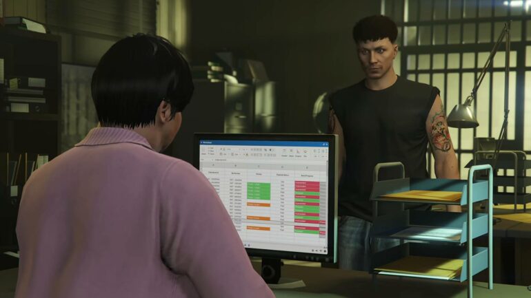 GTA Online character with Maude at computer