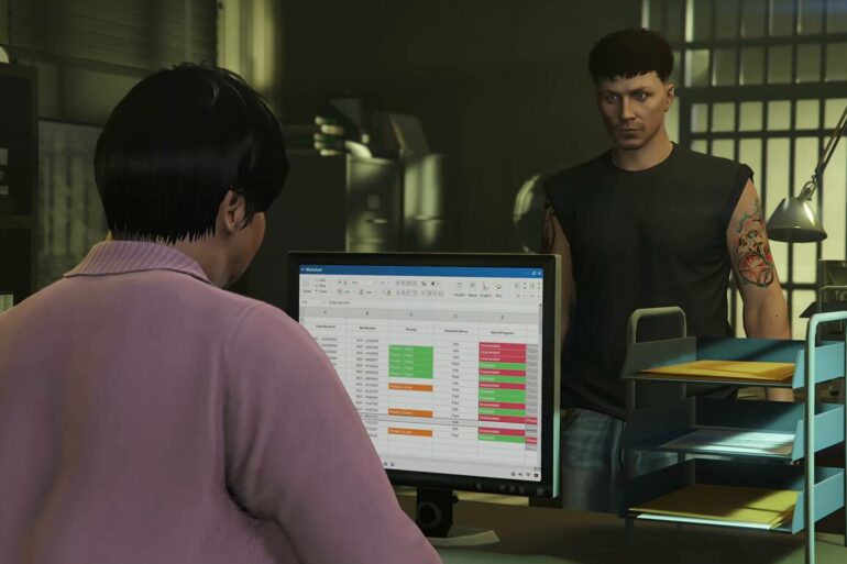 GTA Online character with Maude at computer