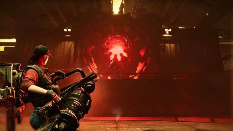 Once Human character wielding big mini gun
