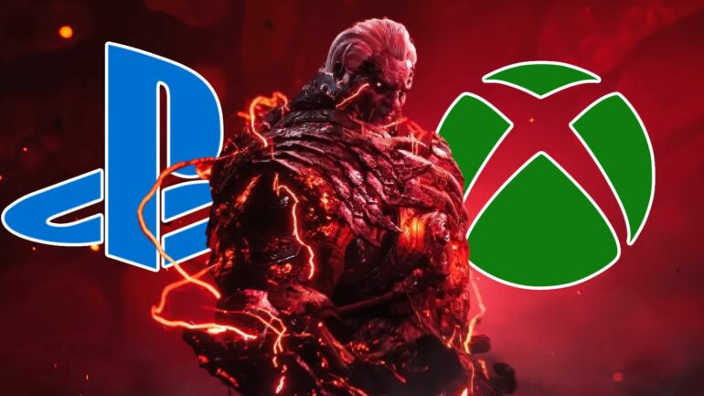 The First Descendant Villain with the PlayStation and Xbox logo behind him