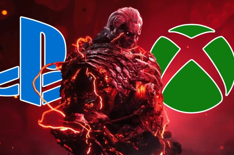 The First Descendant Villain with the PlayStation and Xbox logo behind him